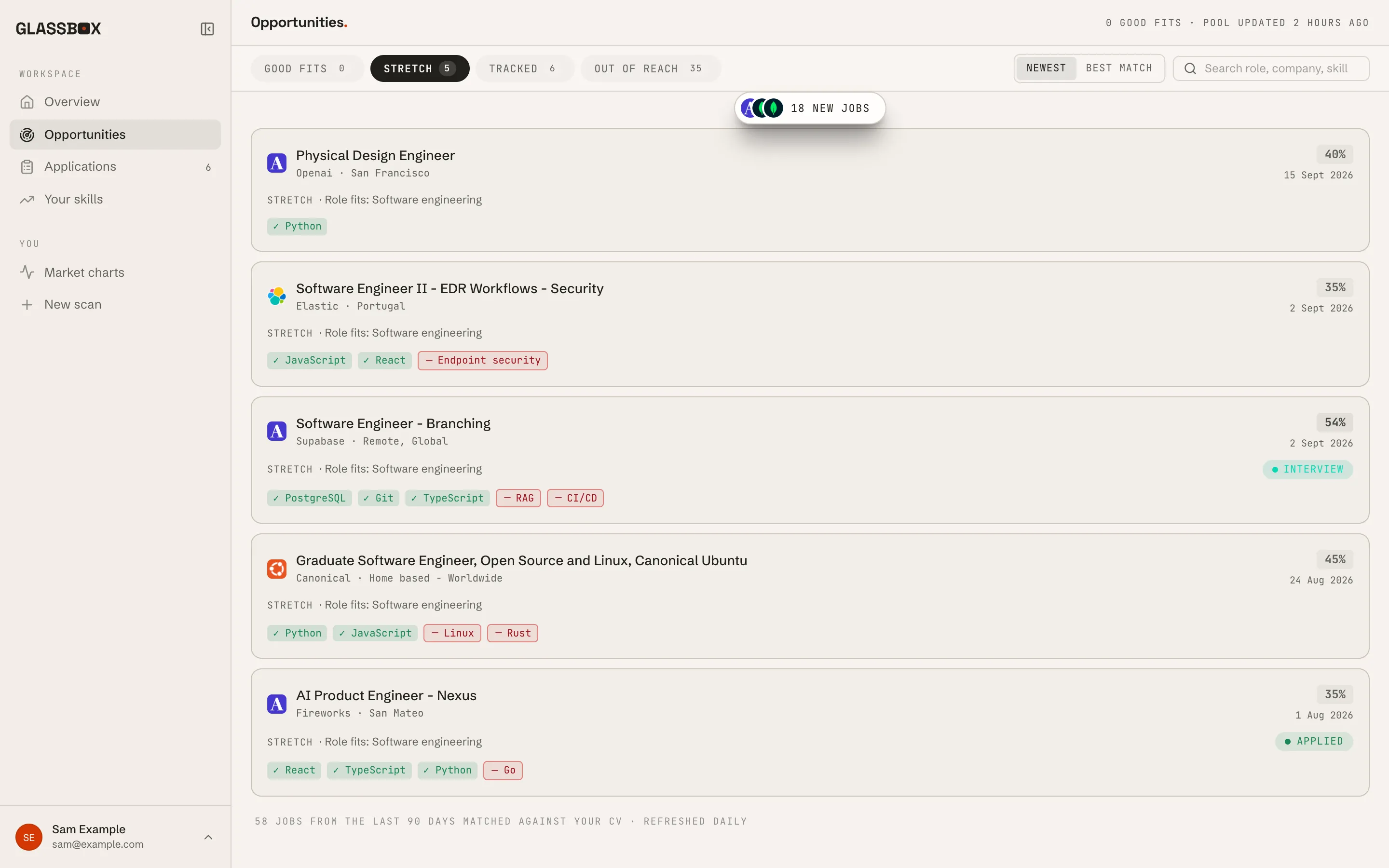 Stretch roles for the example CV, each with the skills it asks for.